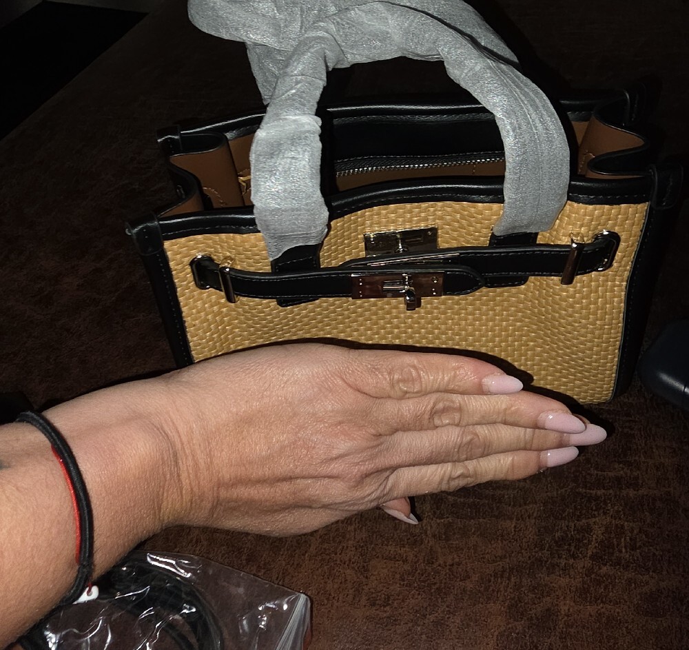 Woven Straw Tote Bag with Black Trim - Neutral - Picture 4 of 4